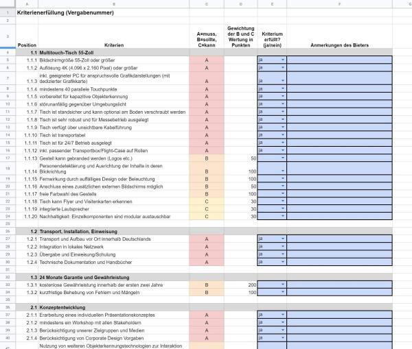 Multitouch Table call for tenders - guideline and bid grid template